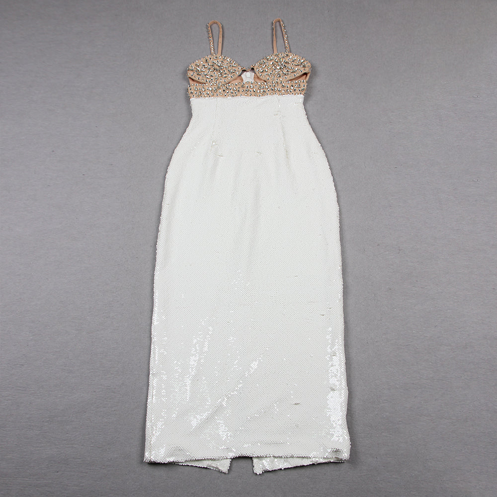 Crystal Bustier Sequin Midi Dress Nude White