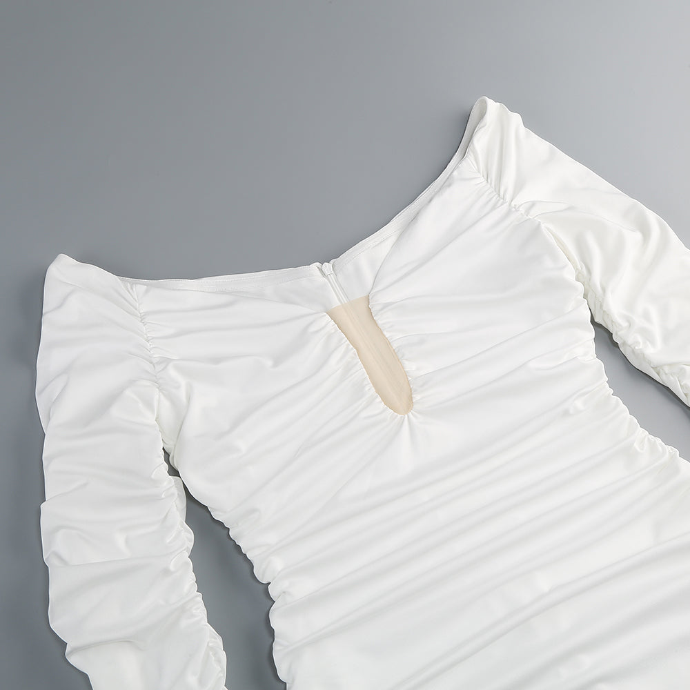 Long Sleeve Ruched Bardot Midi Dress White HV1923