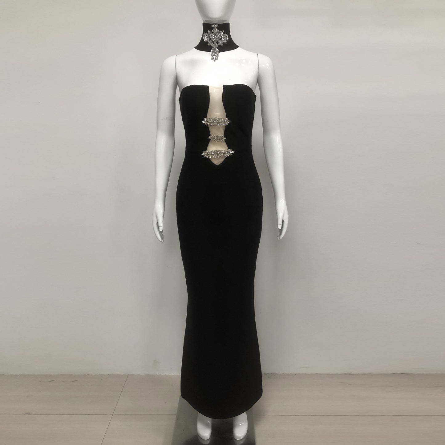 Strapless Crystal Choker Maxi Dress Black