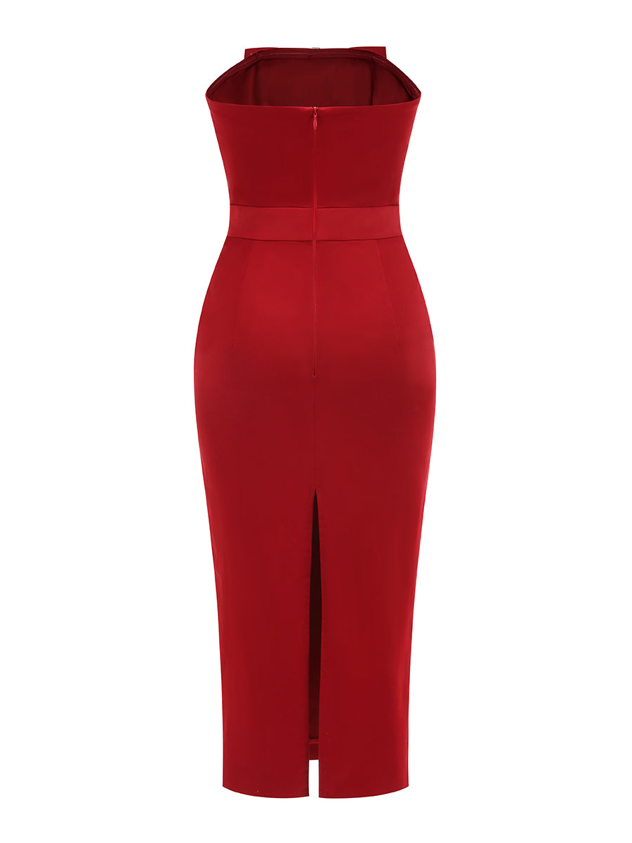 Strapless Bow Detail Midi Dress Red
