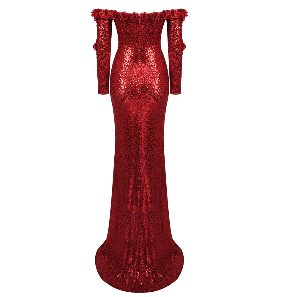 Long Sleeve Floral Bardot Sequin Maxi Dress Red HV1798