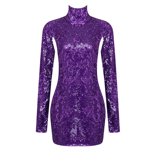 Long Sleeve Sequin Backless Dress Purple HV1009