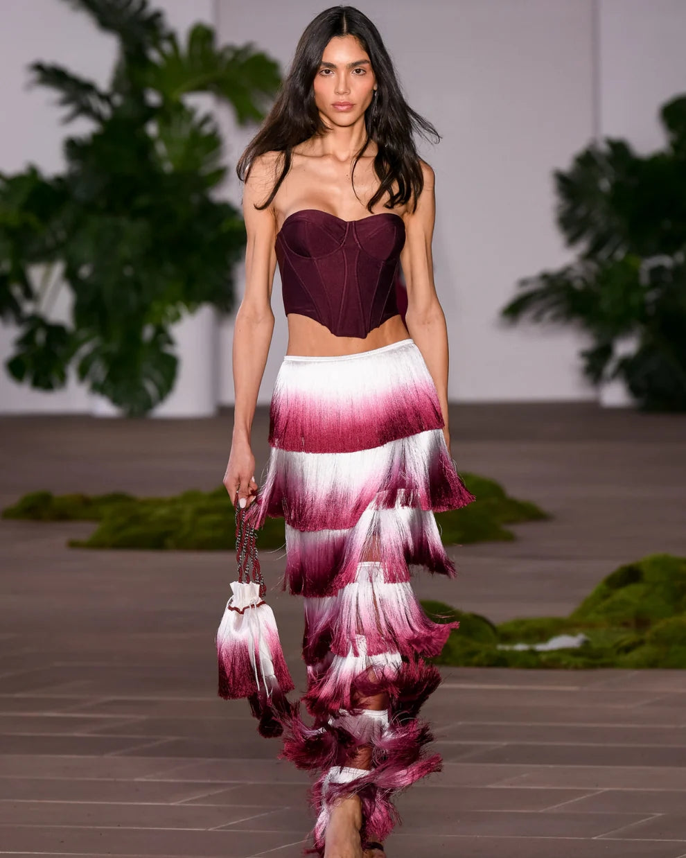 Strapless Tassel Two Piece Maxi Dress Burgundy HV2598