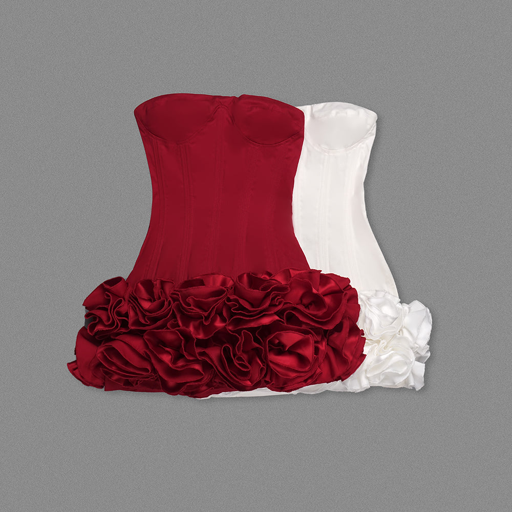 Strapless Corset Floral Ruffle Dress White HV1645