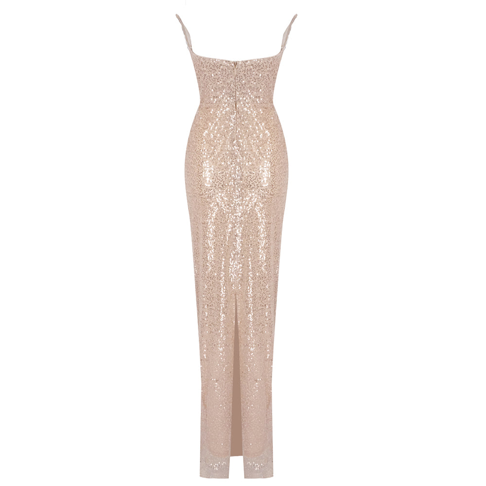 Strapless Crystal Corset Sequin Maxi Dress Gold HV1959