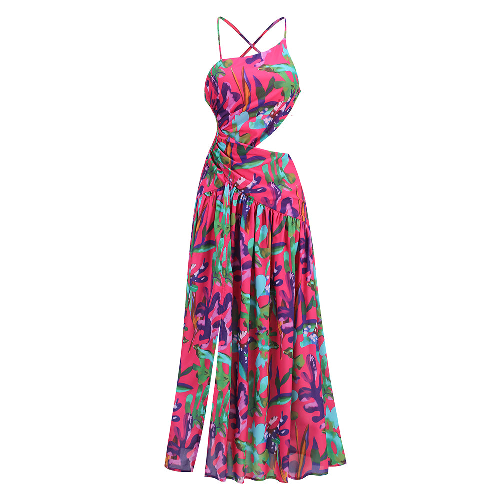 Halter Floral A Line Maxi Dress Pink HV1366