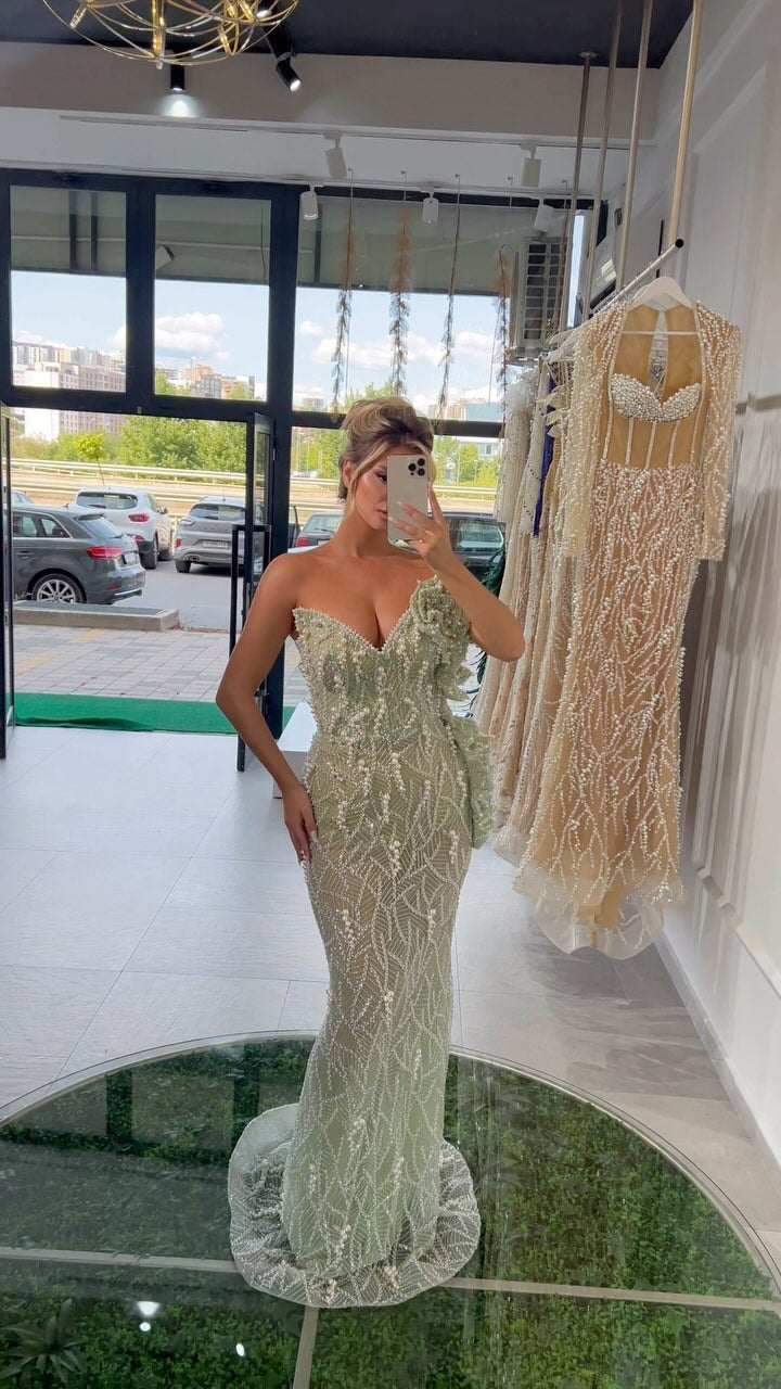 Strapless Floral Sequin Maxi Dress Green HV2227