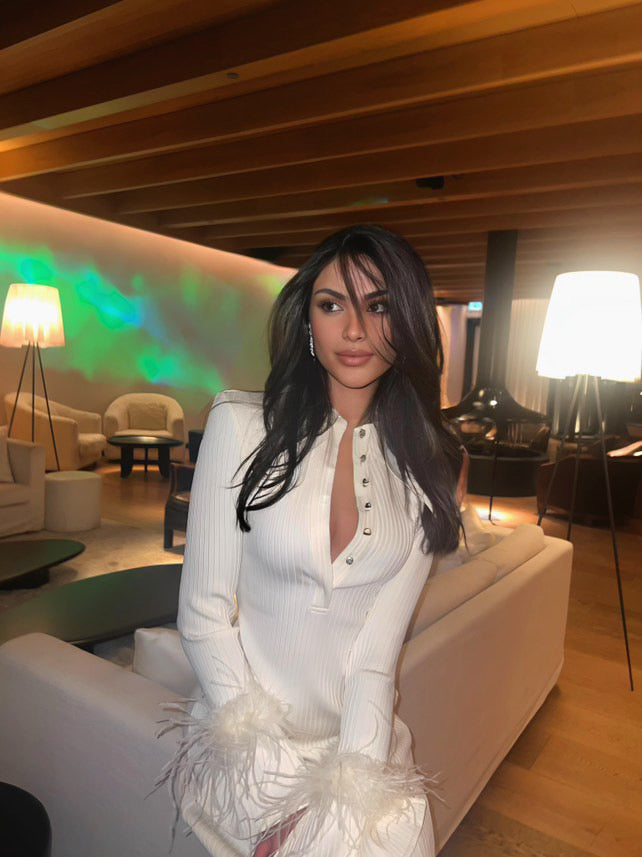 Long Sleeve Feather Ribbed Maxi Dress Ivory HV8975