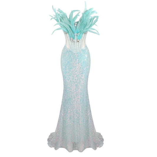 Strapless Feather Corset Sequin Maxi Dress Green HV1967