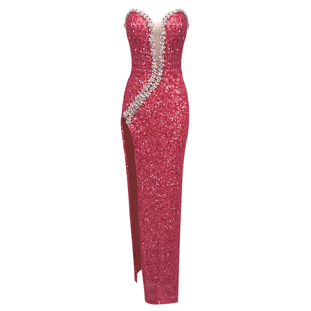 Strapless Crystal Sequin Maxi Dress Red HV1755