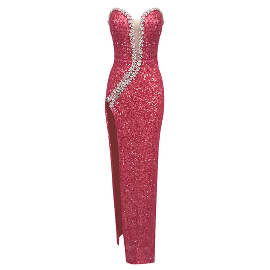 Strapless Crystal Sequin Maxi Dress Red HV1755