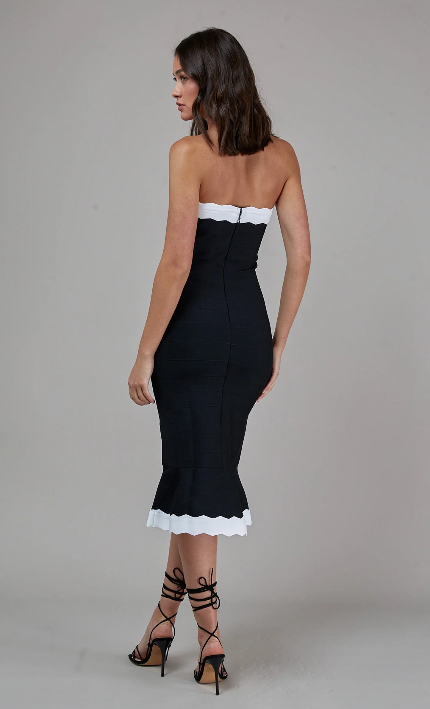 Strapless Scalloped Fluted Midi Dress Black White HV1334
