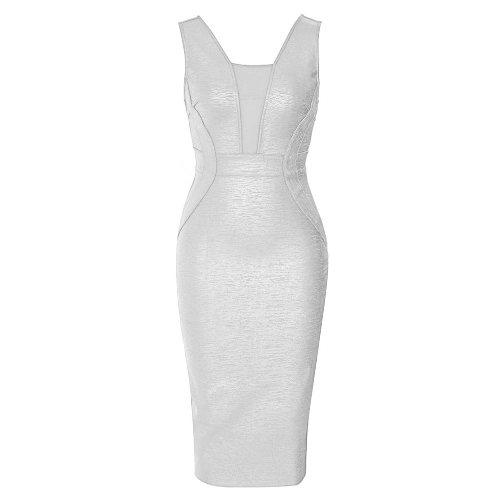 Mesh Insert Woodgrain Foil Print Midi Dress HV9838
