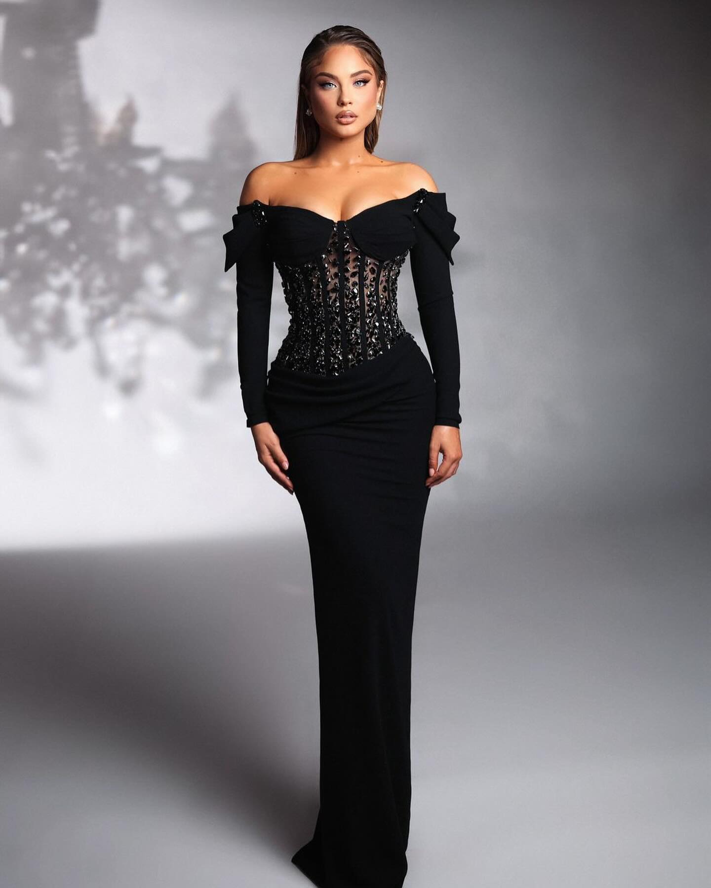 Long Sleeve Crystal Corset Maxi Velvet Dress HV1403