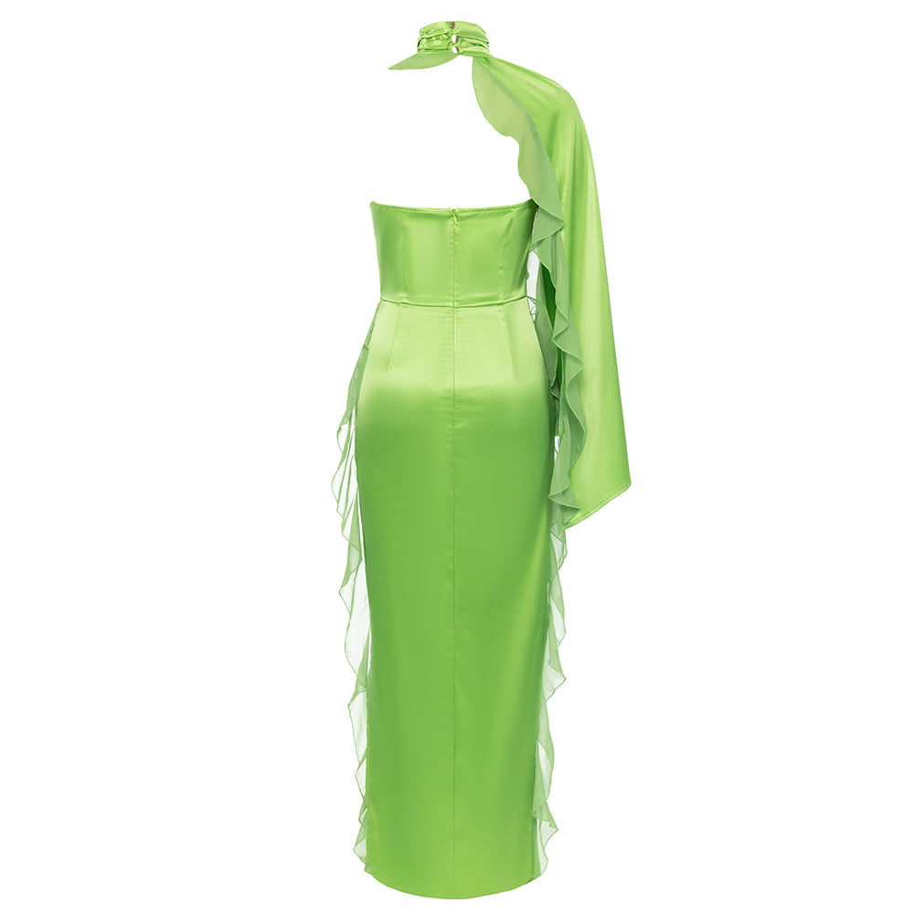One Sleeve Ruffle Detail Maxi Dress Green HV9697