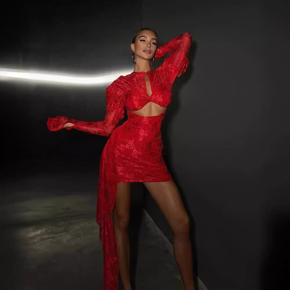 Long Sleeve Draped Lace Dress Red
