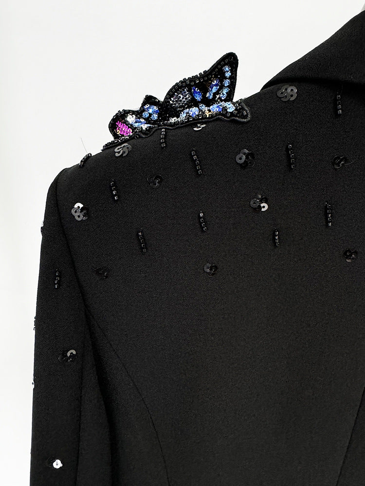 Long Sleeve Sequin Butterflies Suit Black
