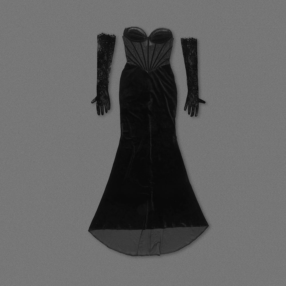 Strapless Lace Corset Maxi Velvet Dress Black HV1317