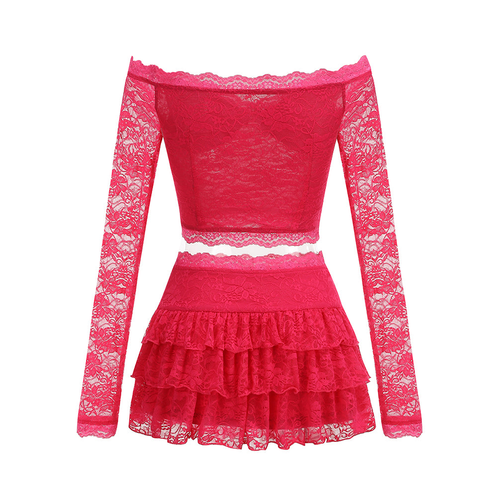 Long Sleeve Lace Ruffle Two Piece Dress Hot Pink HV1434