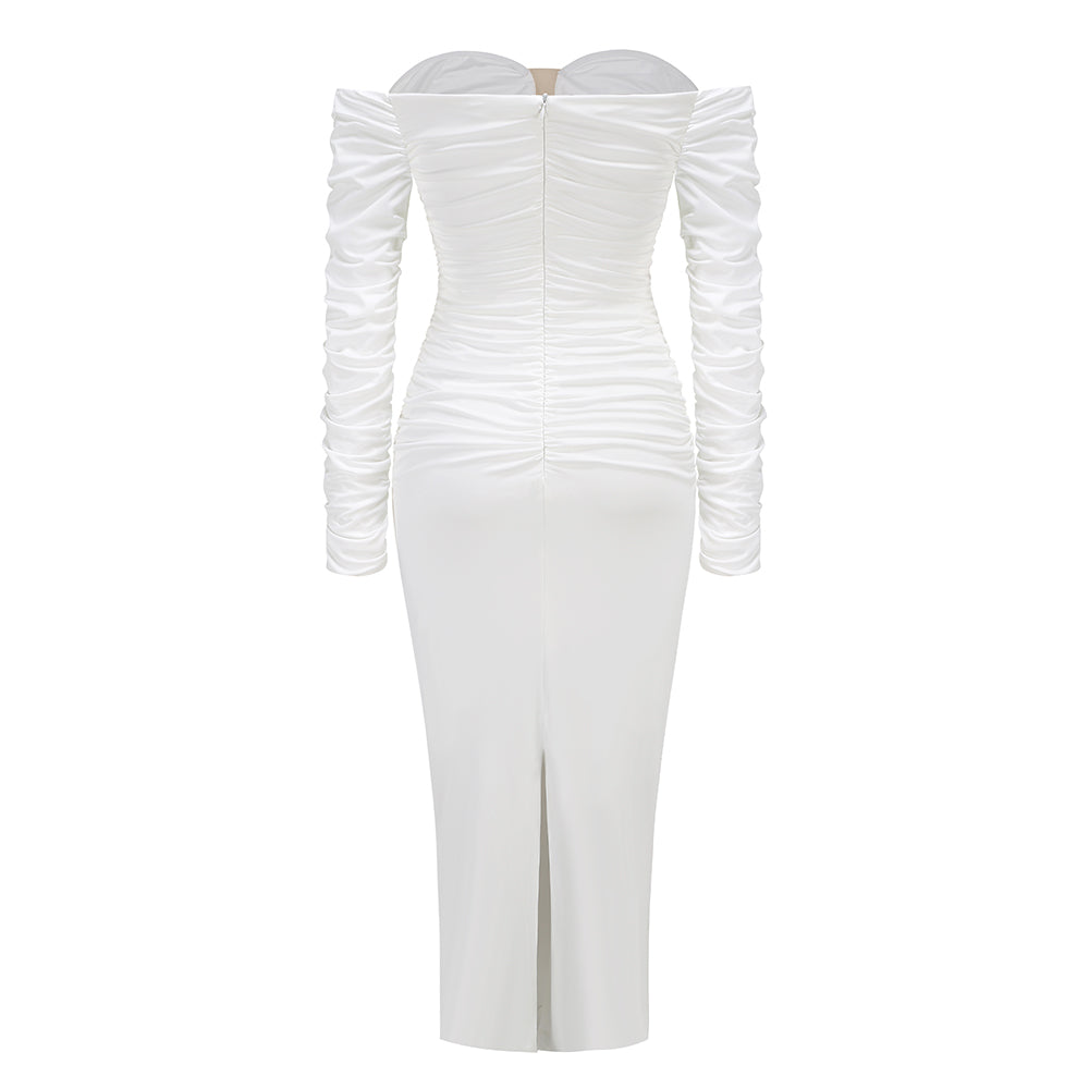 Long Sleeve Ruched Bardot Midi Dress White HV1923