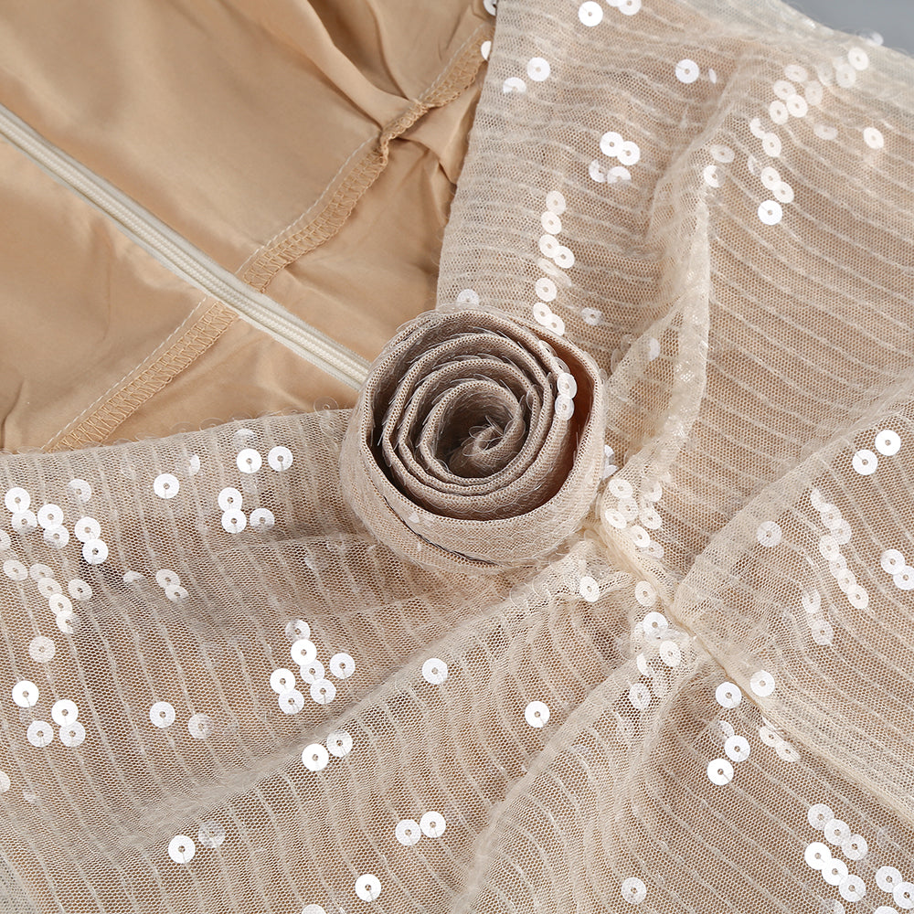 Long Sleeve Flower Sequin Midi Dress Nude HV1086