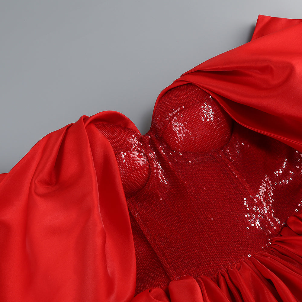 Bardot Sequin Bustier Puff Dress Red