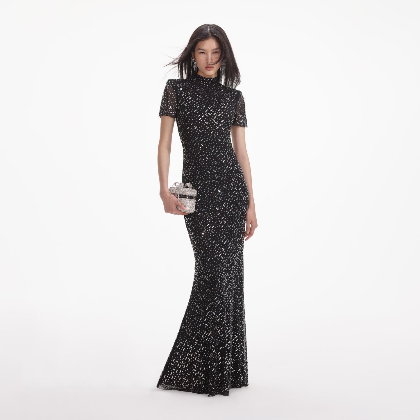 Short Sleeve Crystal Mesh Maxi Dress Black HV2209