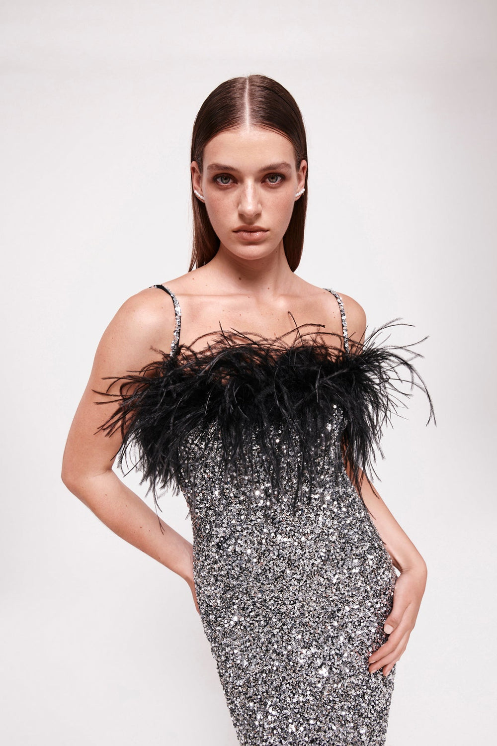 Feather Detail Sequin Midi Dress Pink White