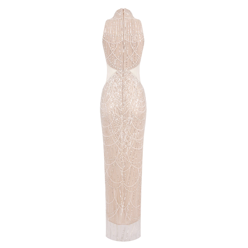 Halter Pearl Sequin Maxi Dress Nude HV1972