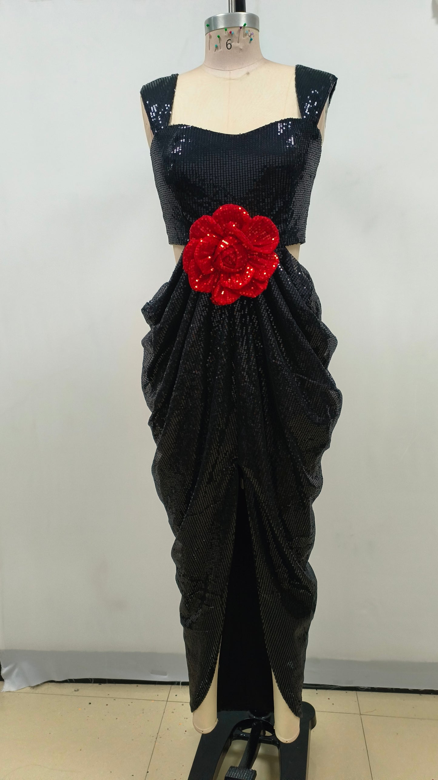 Floral Sequin Draped Maxi Dress Black HV1707