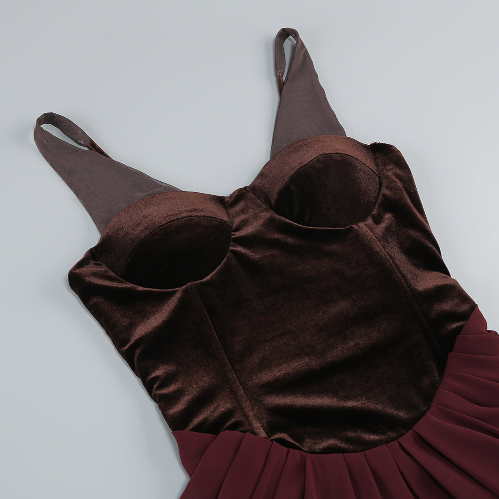 Velvet Bustier Draped Maxi Dress Brown HV2136