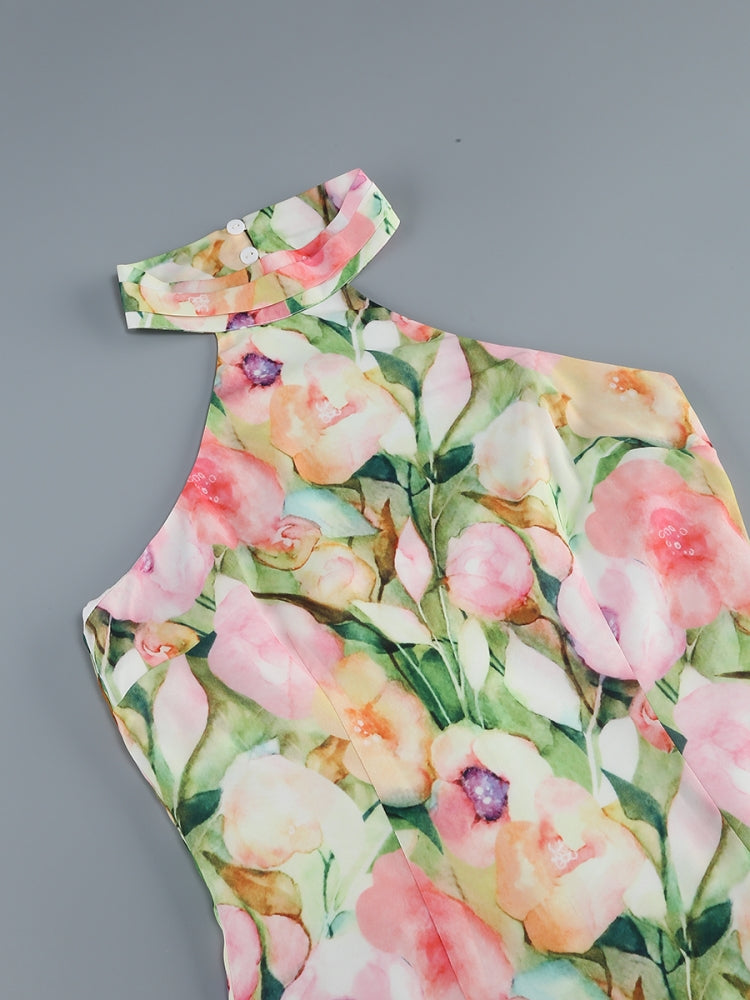 Halter Floral Ruffle Maxi Dress HV1035