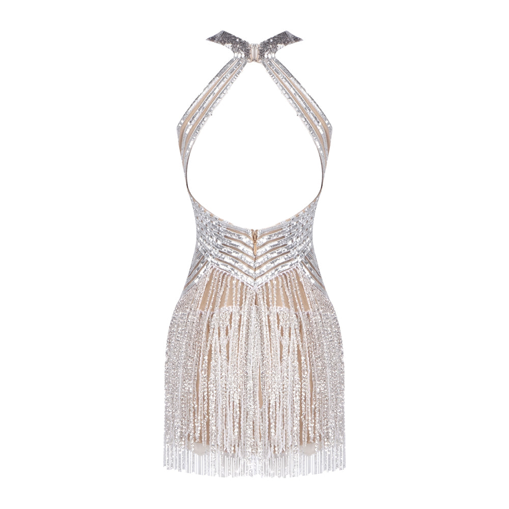 Halter Sequin Tassel Backless Dress Silver HV2143