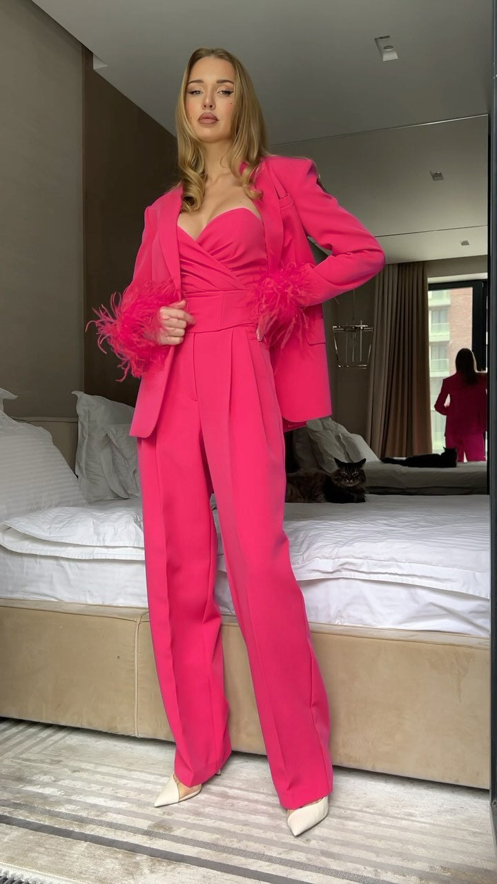 Long Sleeve Feather Detail Suit Hot Pink HV1267