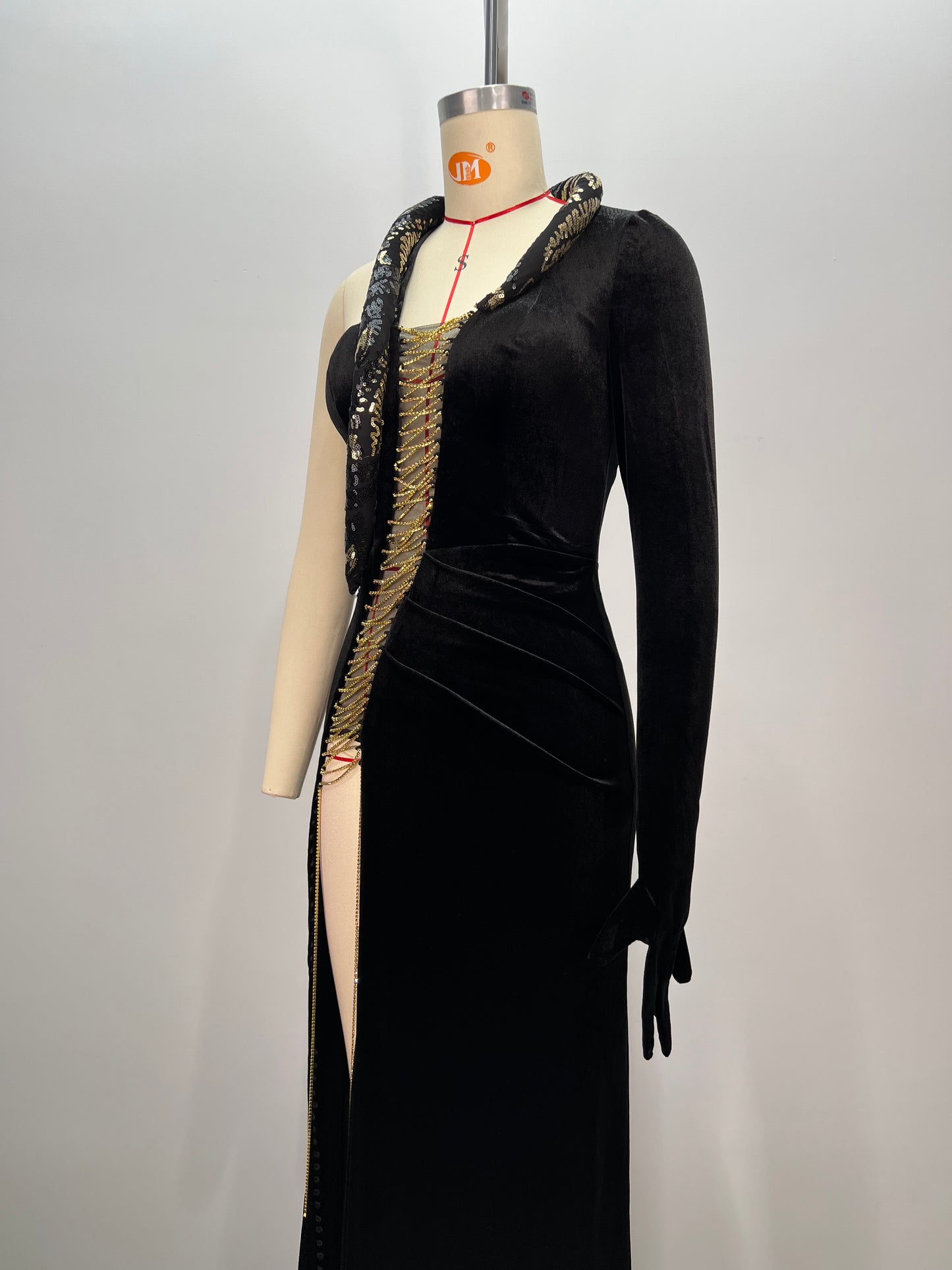 One Sleeve Lace Up Maxi Velvet Dress Black HV1764