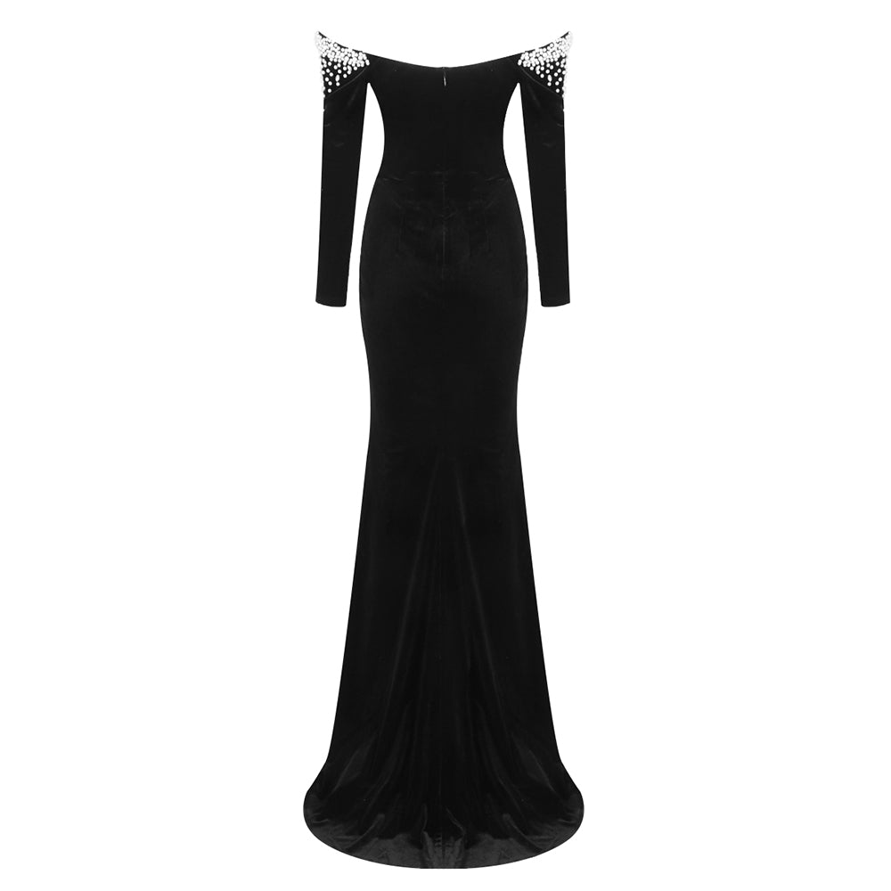 Long Sleeve Bardot Pearl Maxi Velvet Dress Black HV2093
