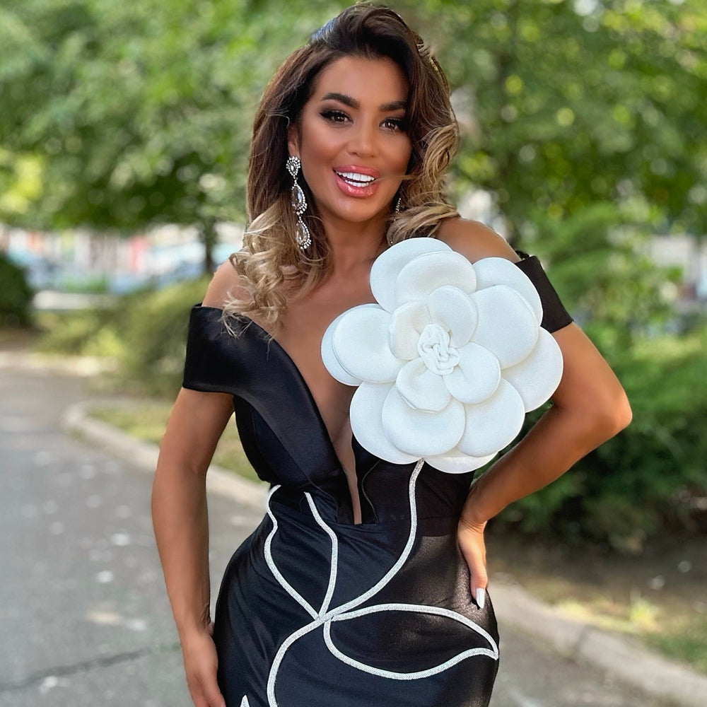 Floral Bardot Midi Dress Black White