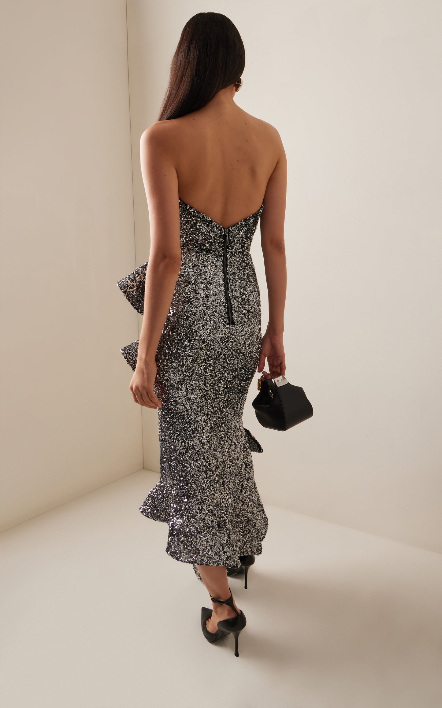Strapless Sequin Ruffle Maxi Dress Silver HV2234