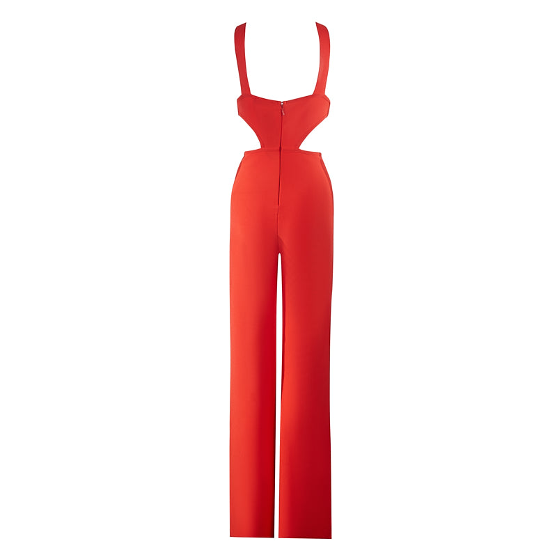 Halter Cut Out Detail Jumpsuit Red