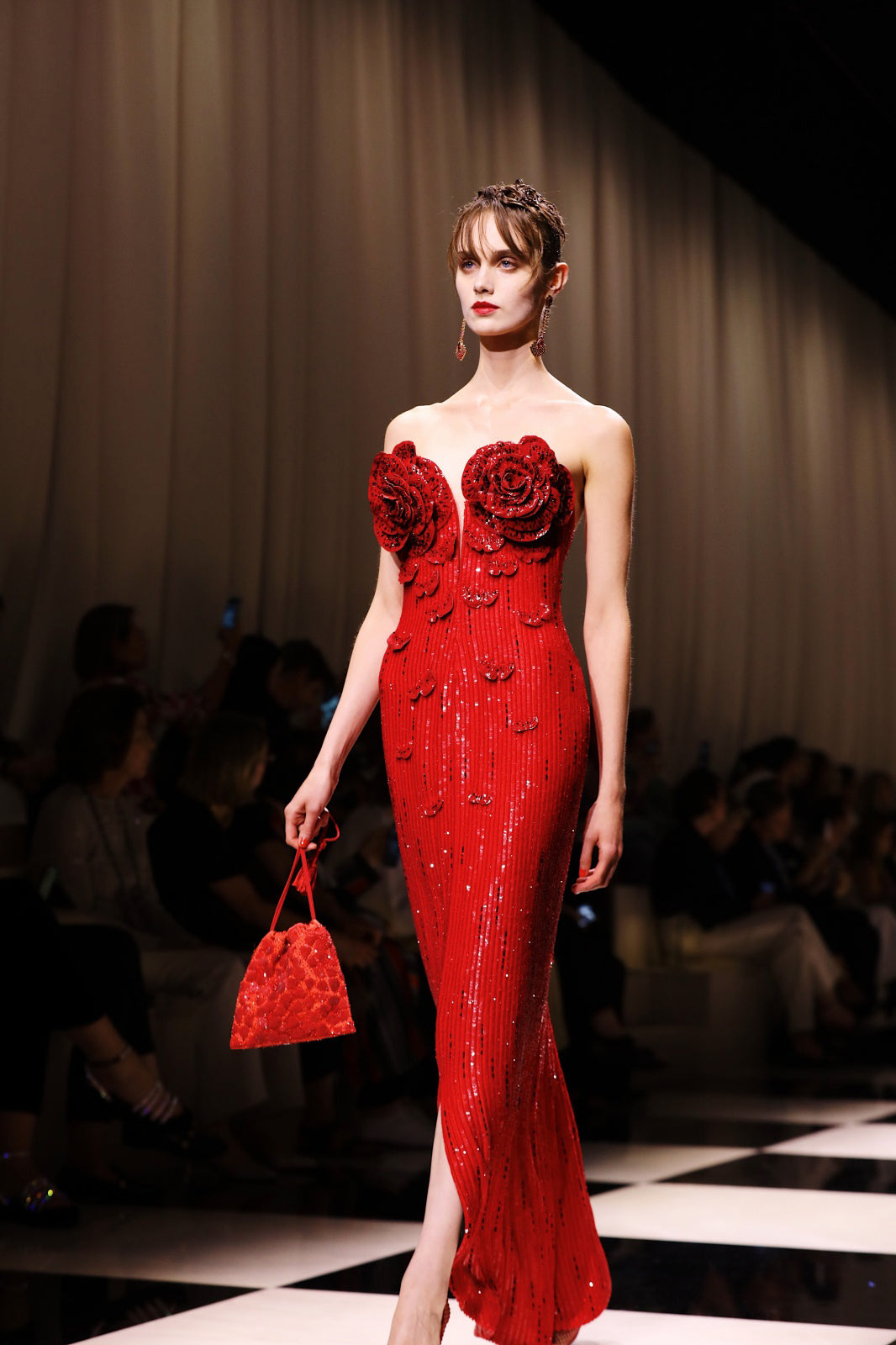 Strapless Flower Sequin Maxi Dress Red HV1007