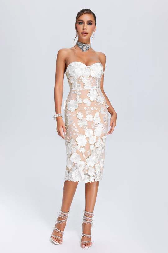 Strapless Bustier Floral Lace Midi Dress White HV1017