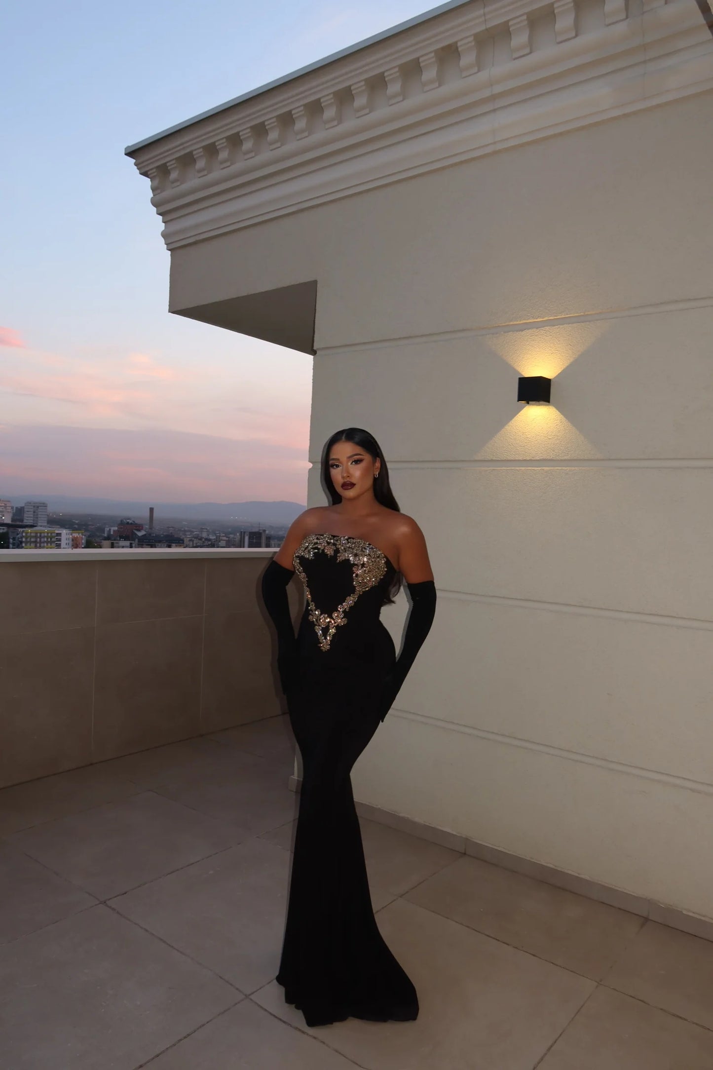 Strapless Gold Applique Maxi Velvet Dress Black HV2151