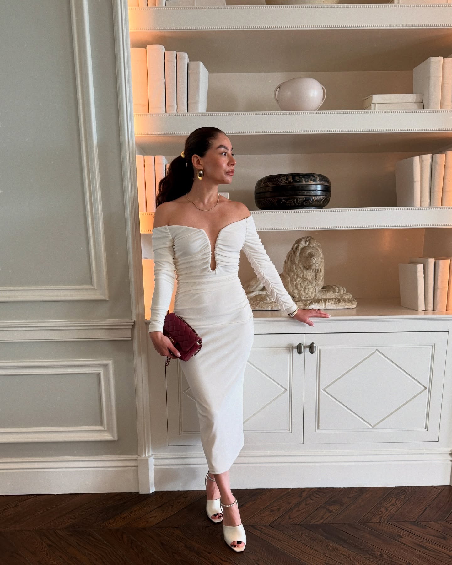 Long Sleeve Ruched Bardot Midi Dress White HV1923