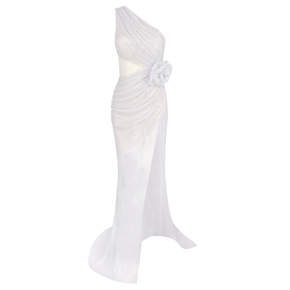 One Shoulder Floral Detail Maxi Dress White HV1930