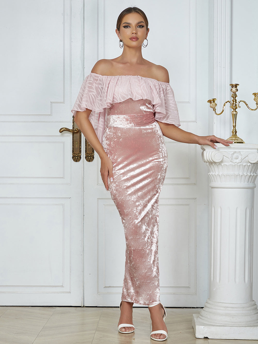 Ruffle Off Shoulder Maxi Velvet Dress Pink HV9754