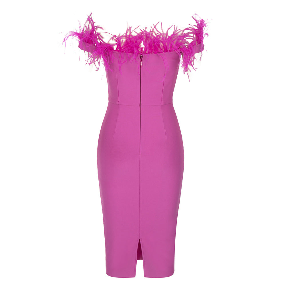 Feather Off Shoulder Midi Dress Hot Pink HV9035