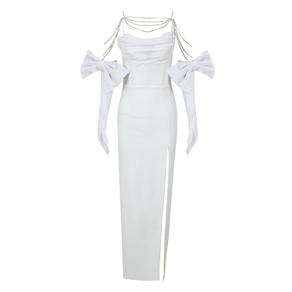 Draped Mesh Bow Maxi Dress White HV1118