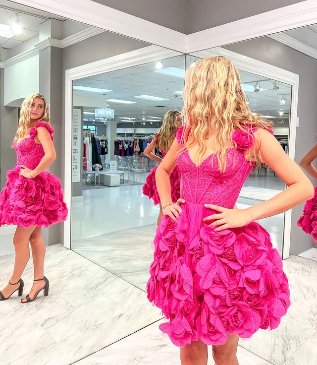 Bardot Lace Corset Floral A Line Dress Hot Pink HV1265