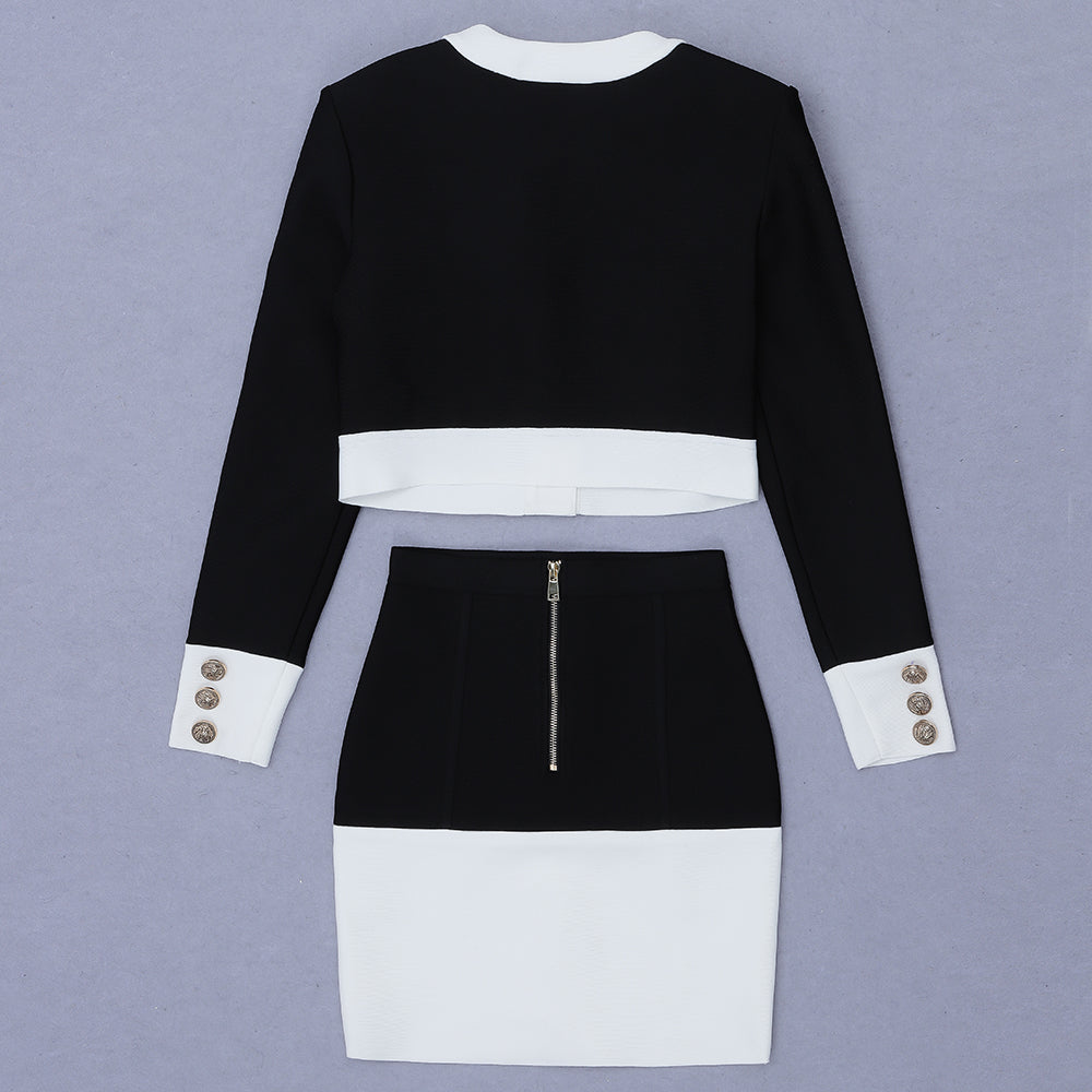 Long Sleeve Button Two Piece Dress Black White HV6907