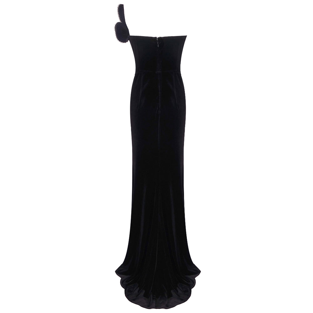 Strapless Crystal Filigree Maxi Velvet Dress Black HV1298
